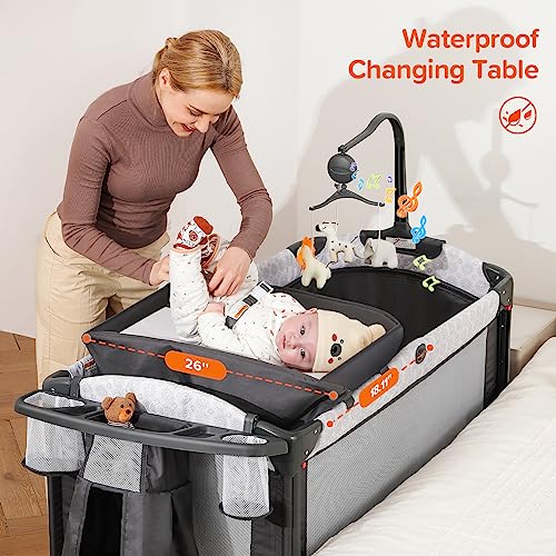 ELEMARA 4 in 1 Baby Bassinet Bedside Crib with Diaper Changer,Pack and Play with Mattress,Sheet and Blackout Cover for Baby,Playpen Travel Bed with Storage,XL Playard with 3 Adjustable Height by ELEMARA