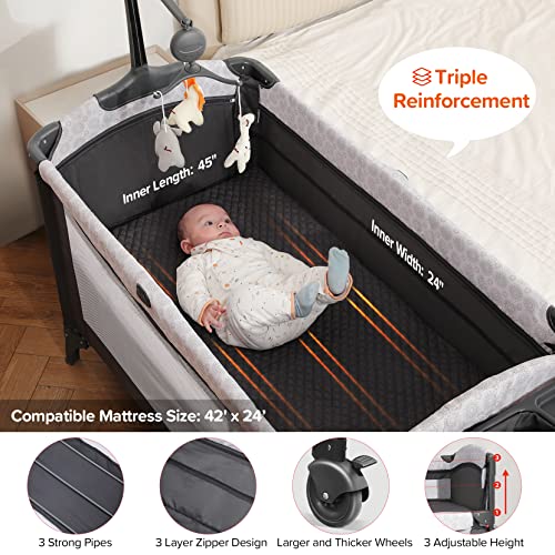 ELEMARA 4 in 1 Baby Bassinet Bedside Crib with Diaper Changer,Pack and Play with Mattress,Sheet and Blackout Cover for Baby,Playpen Travel Bed with Storage,XL Playard with 3 Adjustable Height by ELEMARA