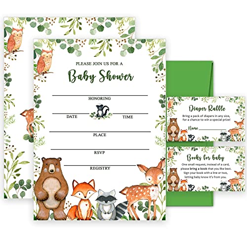 Yuzioey 50 Woodland Baby Shower Invitations, Forest Woodland Greenery Invitations Macthing Envelpoes, Diaper Raffle Tickets, Book Request Cards, Forest Creatures Invitations by