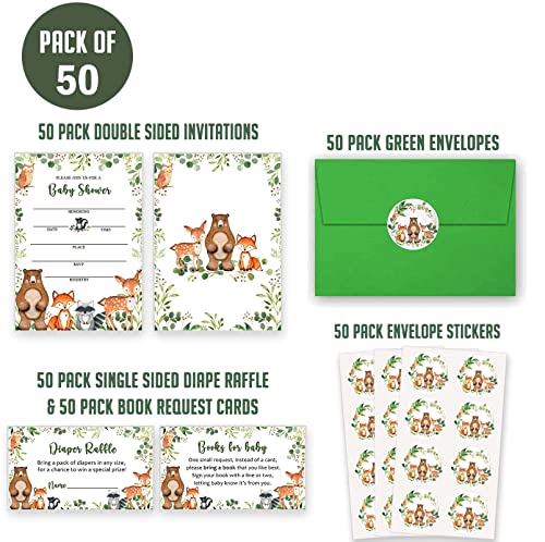 Yuzioey 50 Woodland Baby Shower Invitations, Forest Woodland Greenery Invitations Macthing Envelpoes, Diaper Raffle Tickets, Book Request Cards, Forest Creatures Invitations by 