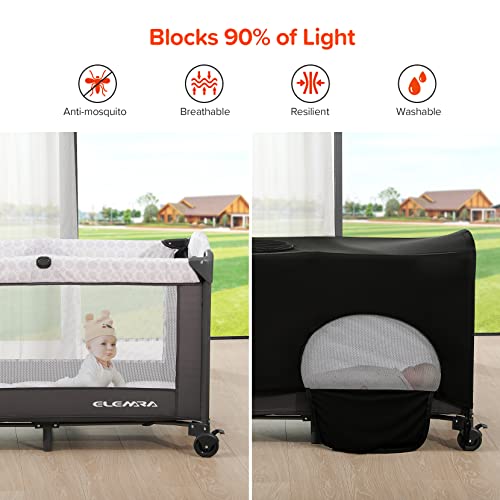 ELEMARA 4 in 1 Baby Bassinet Bedside Crib with Diaper Changer,Pack and Play with Mattress,Sheet and Blackout Cover for Baby,Playpen Travel Bed with Storage,XL Playard with 3 Adjustable Height by ELEMARA