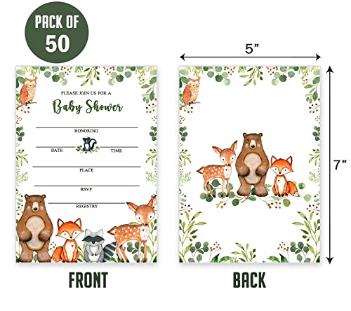 Yuzioey 50 Woodland Baby Shower Invitations, Forest Woodland Greenery Invitations Macthing Envelpoes, Diaper Raffle Tickets, Book Request Cards, Forest Creatures Invitations by 