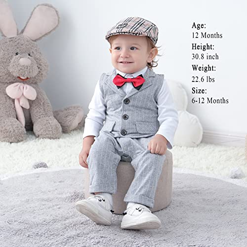 HOSUKKO Baby Boy Suit, One-Piece Romper & Vest & Beret & Bow Tie,Infant Boys Gentleman Outfits Sets for Formal Occassion (Long Sleeve, 0-24 Months),Grey,6-12M by HOSUKKO