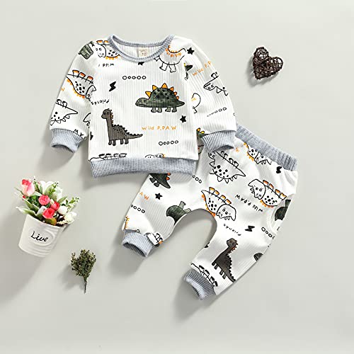 0-24M Dinosaur Newborn Infant Baby Boy Clothes Set Long Sleeve Sweatshirts Tops Pants Outfits (White , 12-18 Months ) by MA&BABY