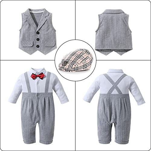 HOSUKKO Baby Boy Suit, One-Piece Romper & Vest & Beret & Bow Tie,Infant Boys Gentleman Outfits Sets for Formal Occassion (Long Sleeve, 0-24 Months),Grey,6-12M by HOSUKKO