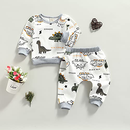 0-24M Dinosaur Newborn Infant Baby Boy Clothes Set Long Sleeve Sweatshirts Tops Pants Outfits (White , 12-18 Months ) by MA&BABY