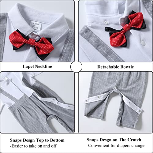 HOSUKKO Baby Boy Suit, One-Piece Romper & Vest & Beret & Bow Tie,Infant Boys Gentleman Outfits Sets for Formal Occassion (Long Sleeve, 0-24 Months),Grey,6-12M by HOSUKKO