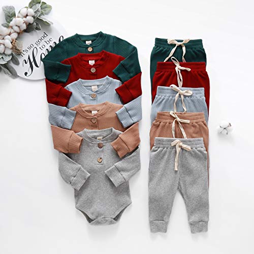 Winter Newborn Baby Boy Girl Clothes Set Ribbed Outfits Unisex Infant Solid Cotton Button Long Sleeve Tops Pants 2PCS by Ledy Champswiin