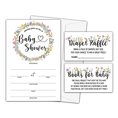 Baby Shower Invitation Kit, Diaper Raffle Games, Books For Baby, Greenery Boho Floral Baby Gender Reveal Fill In Invites Cards, Each Design 25 Cards & 25 Envelopes ï¼A Total of 100 setï¼- BABYSET-013 from mermermu