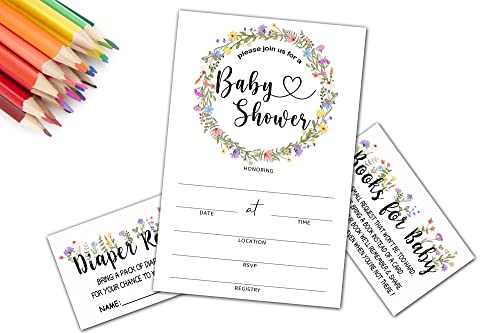 Baby Shower Invitation Kit, Diaper Raffle Games, Books For Baby, Greenery Boho Floral Baby Gender Reveal Fill In Invites Cards, Each Design 25 Cards & 25 Envelopes ï¼A Total of 100 setï¼- BABYSET-013 from mermermu