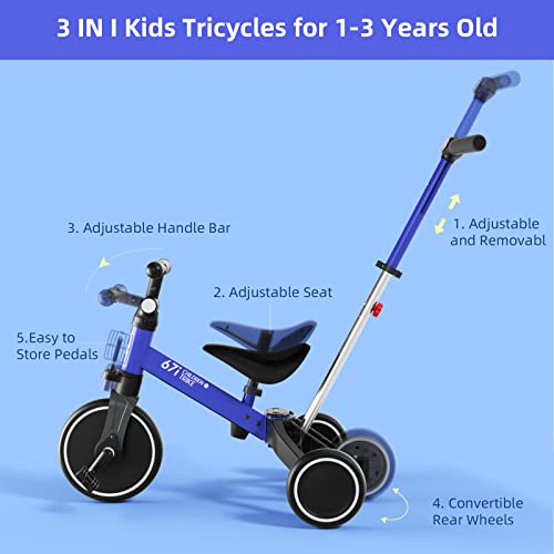 67i Tricycles for 1-3 Year Old Toddler Tricycle with Push Handle 1-3 Years Old Trikes Toddlers Push Handle Boys and Girls Kids Push Trike Toddler Bike Adjustable Seat and Handle (Blue with Handle) from 67i