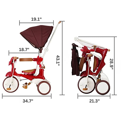 iimo 02SS - Premium Foldable Trike for Toddlers, Toddler Tricycle Stroller, Push and Fold iimo Tricycle for Ages 10 Months to 3 Years (Red) by iimo