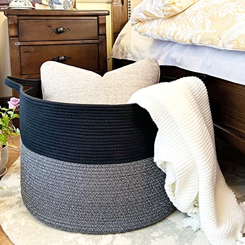 INDRESSME XXXLarge Cotton Rope Basket Woven Baby Laundry Basket Blanket Basket Toy Basket with Handle Comforter Cushions Storage Bin Thread Laundry Hamper - 21.7" x 21.7" x 13.8" from INDRESSME