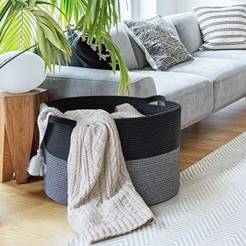 INDRESSME XXXLarge Cotton Rope Basket Woven Baby Laundry Basket Blanket Basket Toy Basket with Handle Comforter Cushions Storage Bin Thread Laundry Hamper - 21.7" x 21.7" x 13.8" from INDRESSME