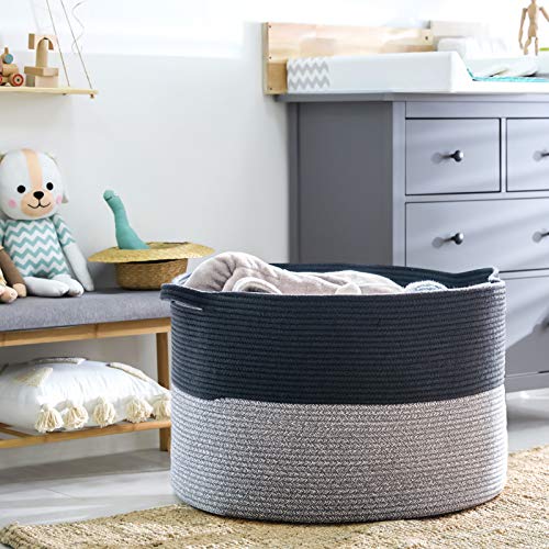 INDRESSME XXXLarge Cotton Rope Basket Woven Baby Laundry Basket Blanket Basket Toy Basket with Handle Comforter Cushions Storage Bin Thread Laundry Hamper - 21.7" x 21.7" x 13.8" from INDRESSME