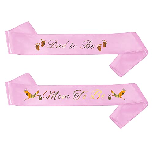 Dad To Be & Mom To Be Sash For Baby Shower - Pink With Gold Letters Dad And Mom To Be Sash Baby Shower | Girl Baby Shower Sash Father Mother Decorations Gender Reveal Belly Sash New Princess Favor from JC Product Design