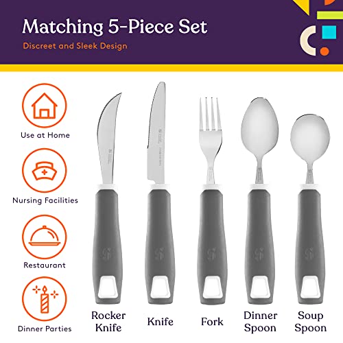 Special Supplies Adaptive Utensils 5-Piece Set Non-Weighted, Non-Slip Handles for Hand Tremors, Arthritis, Parkinsonâs or Elderly Use - Stainless Steel Knife, Rocker Knife, Fork, Spoons - Gray from Special Supplies