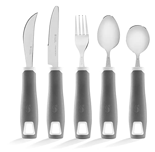 Special Supplies Adaptive Utensils 5-Piece Set Non-Weighted, Non-Slip Handles for Hand Tremors, Arthritis, Parkinsonâs or Elderly Use - Stainless Steel Knife, Rocker Knife, Fork, Spoons - Gray from Special Supplies