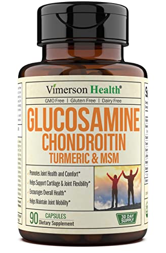 Glucosamine with Chondroitin Turmeric MSM Boswellia. Supports Occasional Joint Discomfort Relief. Helps Inflammatory Response, Antioxidant Properties. Supplement for Back, Knees, Hands. 90 Capsules by Vimerson Health