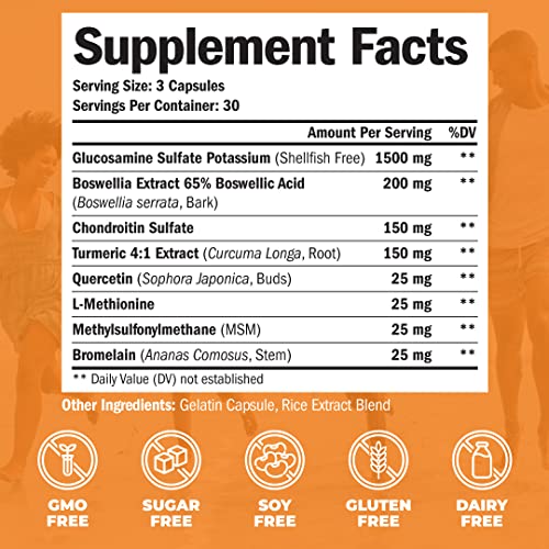 Glucosamine with Chondroitin Turmeric MSM Boswellia. Supports Occasional Joint Discomfort Relief. Helps Inflammatory Response, Antioxidant Properties. Supplement for Back, Knees, Hands. 90 Capsules by Vimerson Health