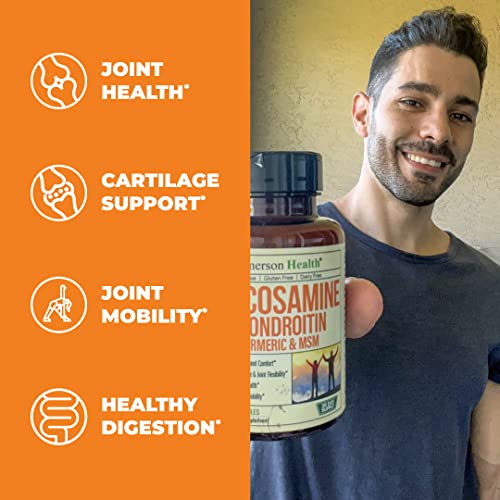 Glucosamine with Chondroitin Turmeric MSM Boswellia. Supports Occasional Joint Discomfort Relief. Helps Inflammatory Response, Antioxidant Properties. Supplement for Back, Knees, Hands. 90 Capsules by Vimerson Health