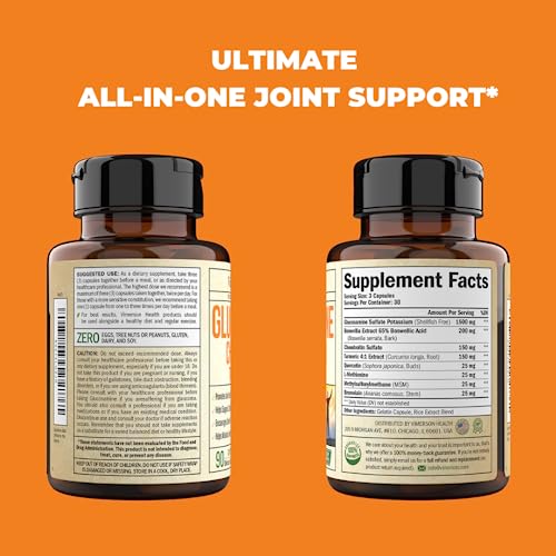 Glucosamine with Chondroitin Turmeric MSM Boswellia. Supports Occasional Joint Discomfort Relief. Helps Inflammatory Response, Antioxidant Properties. Supplement for Back, Knees, Hands. 90 Capsules by Vimerson Health