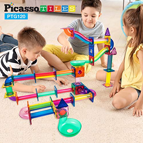 PicassoTiles Marble Run 120 Piece Magnetic Building Blocks Magnet Tile Construction Toy Playset STEM Learning Educational Block Child Brain Development Kids Toys for Boys and Girls Age 3 and Up from Picassotiles