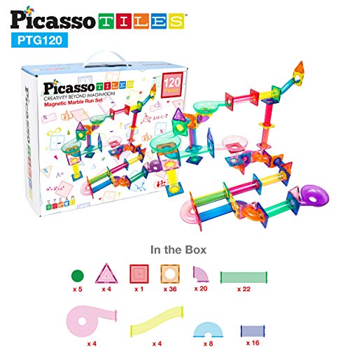 PicassoTiles Marble Run 120 Piece Magnetic Building Blocks Magnet Tile Construction Toy Playset STEM Learning Educational Block Child Brain Development Kids Toys for Boys and Girls Age 3 and Up from Picassotiles
