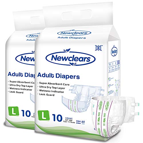 Newclears Adult Diapers with Tabs for Men Women Incontinence Care, Disposable Absorbent for Disability Postnatal Patient Bedridden Care, 10 Count/Pack, 2 Pack, L by Aimxin