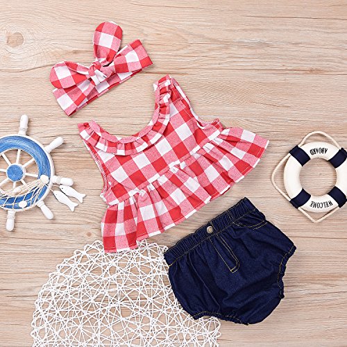 Baby Girls Plaid Ruffle Bowknot Tank Top+Denim Shorts Outfit with Headband (80(6-12M), Red) by 