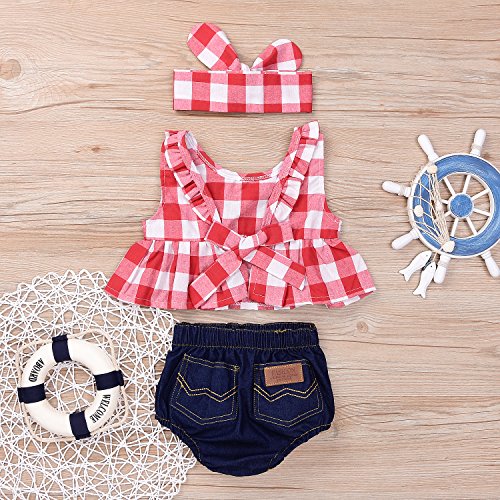 Baby Girls Plaid Ruffle Bowknot Tank Top+Denim Shorts Outfit with Headband (80(6-12M), Red) by 