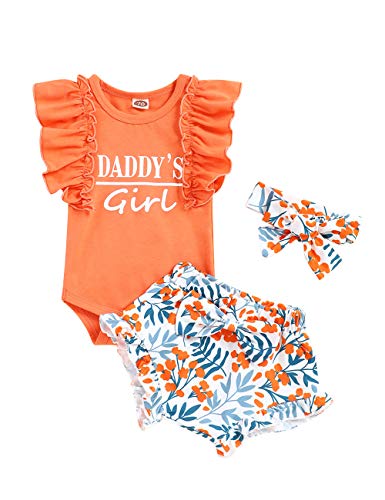 Baby Girls Clothes Short Sleeve Funny Letter Romper Top and Floral Pant with Headband Newborn Girl Summer 3Pcs Outfit Sets Light Orange by 