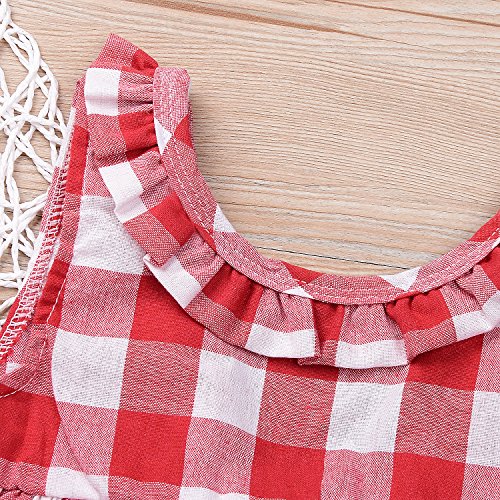 Baby Girls Plaid Ruffle Bowknot Tank Top+Denim Shorts Outfit with Headband (80(6-12M), Red) by 