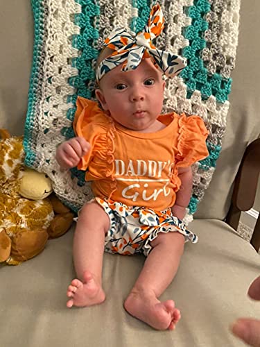 Baby Girls Clothes Short Sleeve Funny Letter Romper Top and Floral Pant with Headband Newborn Girl Summer 3Pcs Outfit Sets Light Orange by 
