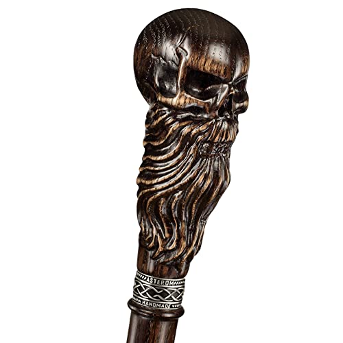Bearded Skull - Fancy Hand-Carved Walking Cane for Men - Stylish Oak Wood Men's Cane Unusual Walking Stick from Asterom