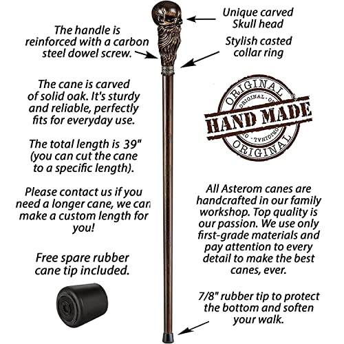 Bearded Skull - Fancy Hand-Carved Walking Cane for Men - Stylish Oak Wood Men's Cane Unusual Walking Stick from Asterom
