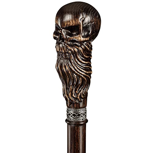 Bearded Skull - Fancy Hand-Carved Walking Cane for Men - Stylish Oak Wood Men's Cane Unusual Walking Stick from Asterom