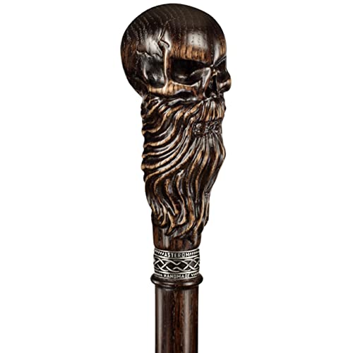 Bearded Skull - Fancy Hand-Carved Walking Cane for Men - Stylish Oak Wood Men's Cane Unusual Walking Stick from Asterom