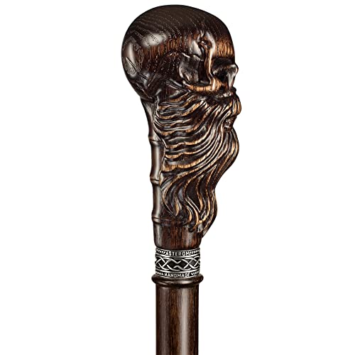 Bearded Skull - Fancy Hand-Carved Walking Cane for Men - Stylish Oak Wood Men's Cane Unusual Walking Stick from Asterom