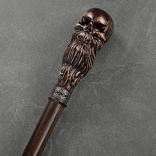 Bearded Skull - Fancy Hand-Carved Walking Cane for Men - Stylish Oak Wood Men's Cane Unusual Walking Stick from Asterom