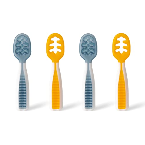 NumNum Pre-Spoon GOOtensils | Baby Spoon Set (Stage 1 + Stage 2) | BPA Free Silicone Self Feeding Toddler Utensils | for Kids Ages 6 Months+, 2-Pack (Four Spoons), Blue/Orange by NumNum