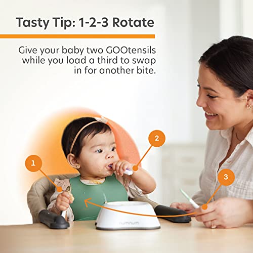 NumNum Pre-Spoon GOOtensils | Baby Spoon Set (Stage 1 + Stage 2) | BPA Free Silicone Self Feeding Toddler Utensils | for Kids Ages 6 Months+, 2-Pack (Four Spoons), Blue/Orange by NumNum
