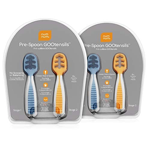 NumNum Pre-Spoon GOOtensils | Baby Spoon Set (Stage 1 + Stage 2) | BPA Free Silicone Self Feeding Toddler Utensils | for Kids Ages 6 Months+, 2-Pack (Four Spoons), Blue/Orange by NumNum