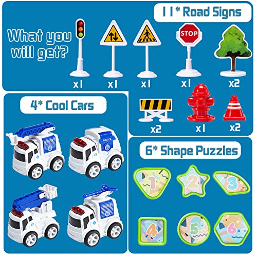 Maiwaput 22 in 1 Fire Truck Toddler Toy Cars, Shape Sorting Toy City Servive Police Truck with Light& Mist Spray, 4 Alloy Mini Police Vehicles, Road Signs for Kid Age 3+ Push and Go Play Xmas Gifts by Maiwaput