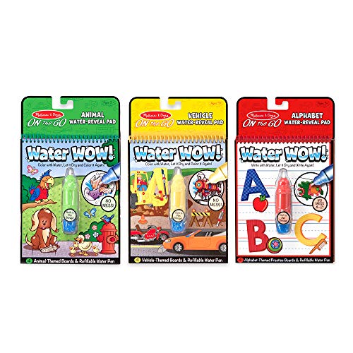 Melissa & Doug On The Go Water Wow! Reusable Water-Reveal Activity Pads, 3-pk, Vehicles, Animals, Alphabet & Reusable Puffy Sticker Wild Adventures Play Set 3-Pack from 