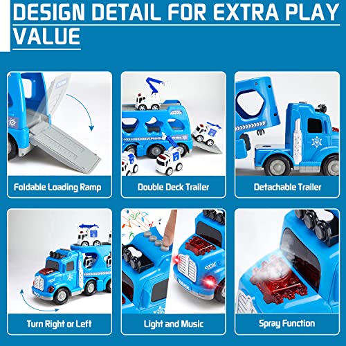 Maiwaput 22 in 1 Fire Truck Toddler Toy Cars, Shape Sorting Toy City Servive Police Truck with Light& Mist Spray, 4 Alloy Mini Police Vehicles, Road Signs for Kid Age 3+ Push and Go Play Xmas Gifts by Maiwaput