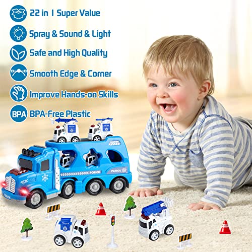 Maiwaput 22 in 1 Fire Truck Toddler Toy Cars, Shape Sorting Toy City Servive Police Truck with Light& Mist Spray, 4 Alloy Mini Police Vehicles, Road Signs for Kid Age 3+ Push and Go Play Xmas Gifts by Maiwaput