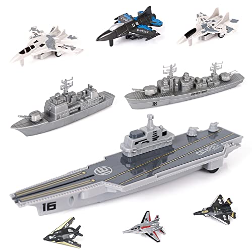 Crelloci Aircraft Carrier Military Naval Ship with Pull Back Army Fighter Jet Toy Small Scale Model Plane Submarine Kids' Play Vehicle Set for Boy Girl Children from Crelloci