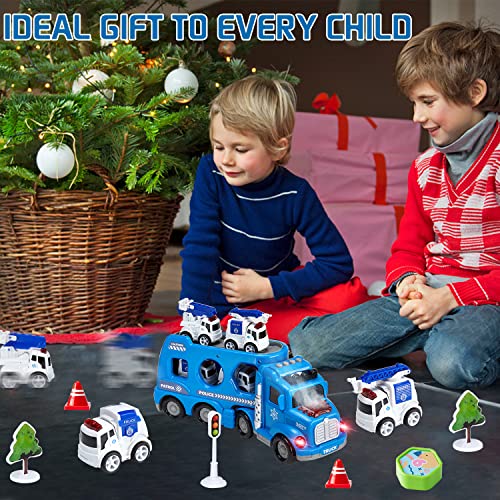 Maiwaput 22 in 1 Fire Truck Toddler Toy Cars, Shape Sorting Toy City Servive Police Truck with Light& Mist Spray, 4 Alloy Mini Police Vehicles, Road Signs for Kid Age 3+ Push and Go Play Xmas Gifts by Maiwaput