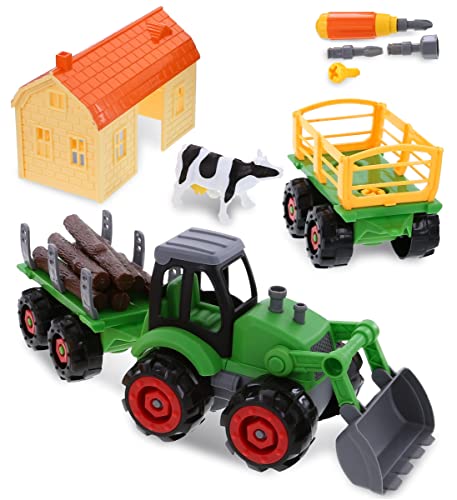 Mozlly Farm Tractor Building Kit â DIY Assemble Educational Farm Vehicle Toys with 1 Loading Dump Trailer, 1 Barn, 1 Log Transporter, and Screwdriver â Fun Play Truck Set with Animals for Kids by Puzzled, Inc